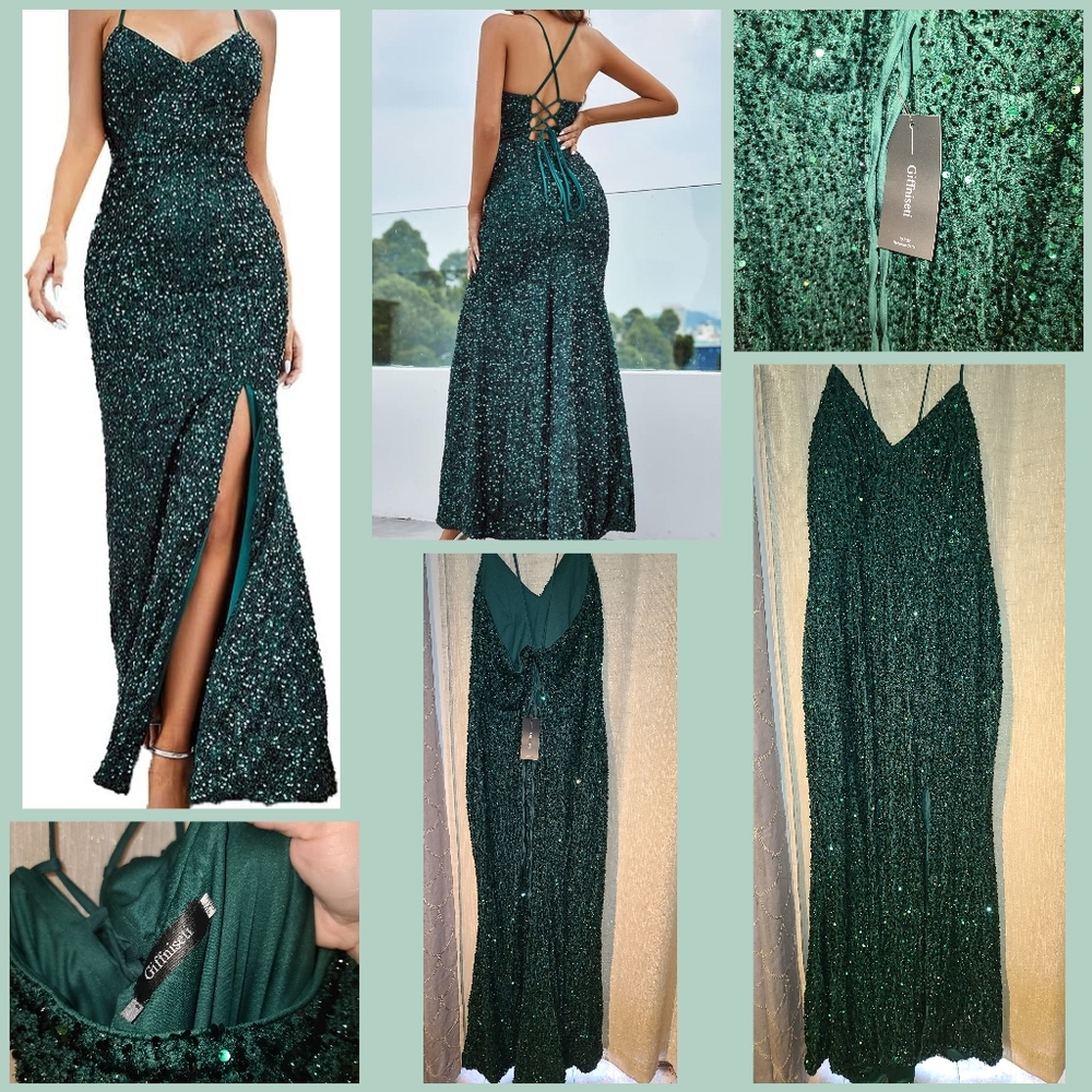 Giffniseti Emerald Green Sequins Maxi Formal Evening Gown - Picture 1 of 3